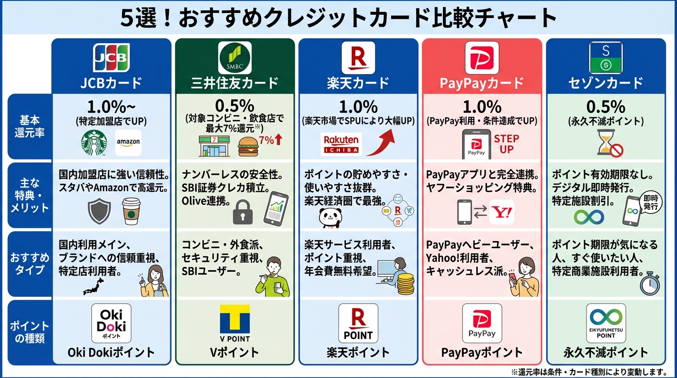 おすすめクレジットカード5選_特徴比較チャート