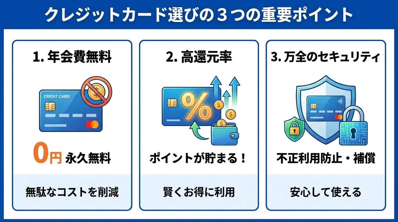 クレジットカード選びの3つの基準_年会費無料_高還元率_安全性の図解