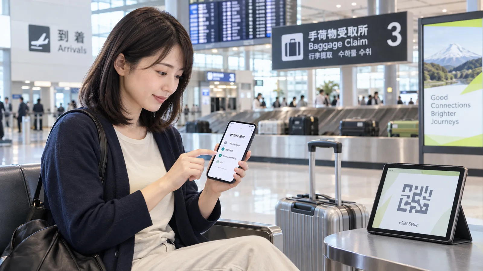 海外の空港でWi-Fiに接続し旅行用eSIMを設定する利用イメージ