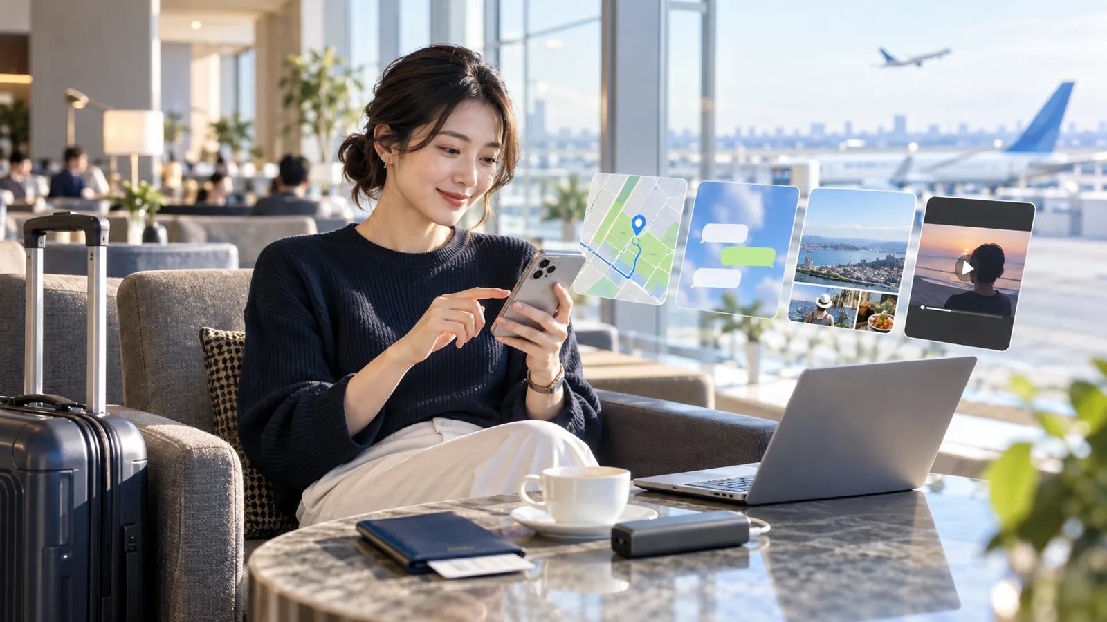 海外の空港で地図やメッセージ、写真、動画をスマホで利用する旅行者のイメージ