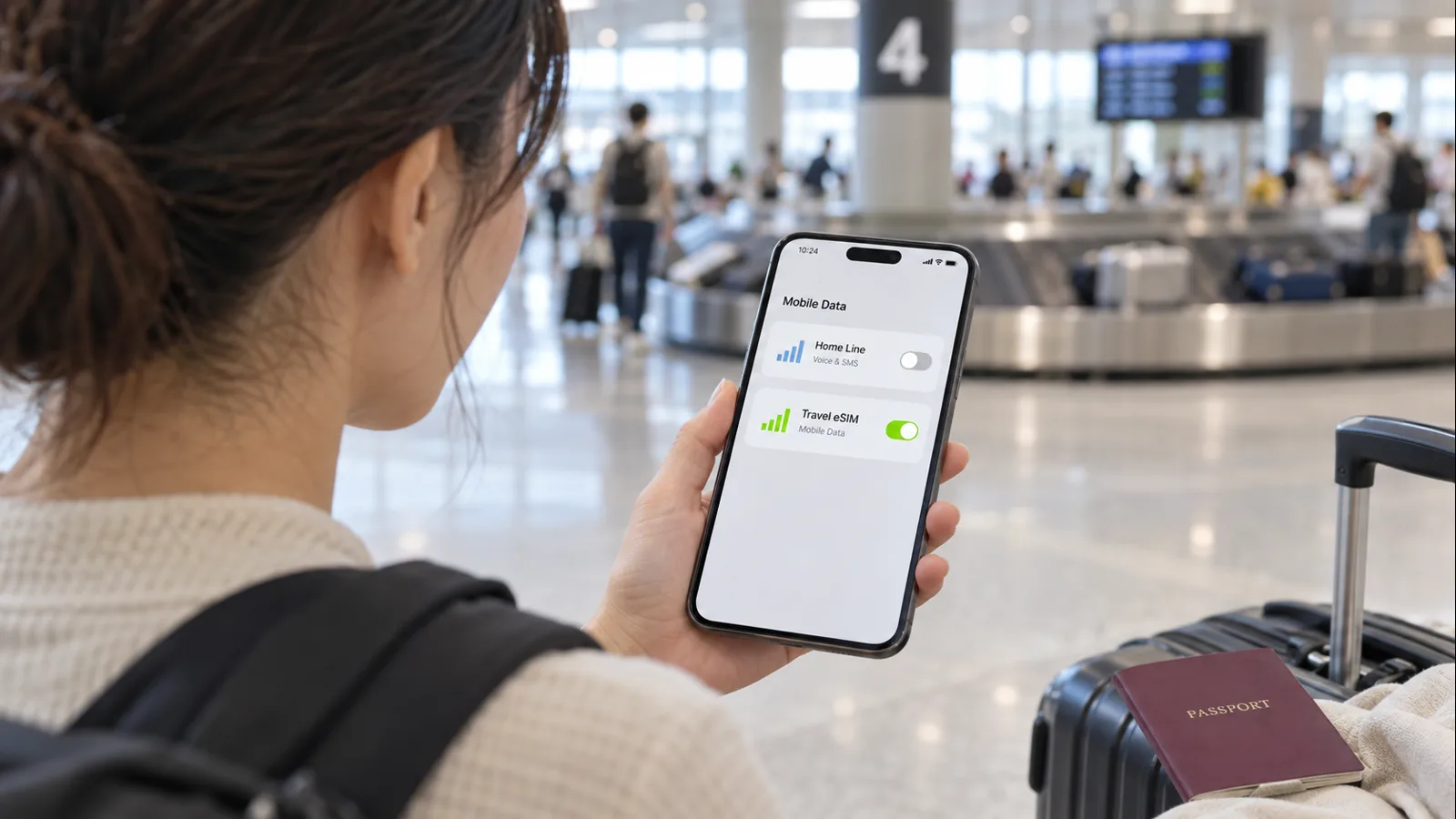 海外旅行先で日本の回線と旅行用eSIMを1台のスマホに設定する利用イメージ
